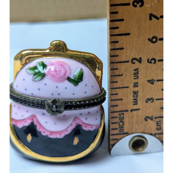 Vtg Floral Purse Trinket Box 2.5" Jewelry Porcelain Hinged Case Pink Black Gold - Picture 4 of 7